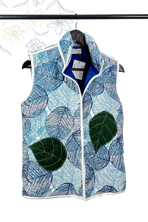  Comfy winter jacket embellish with patch-work of leaves with kantha stich,